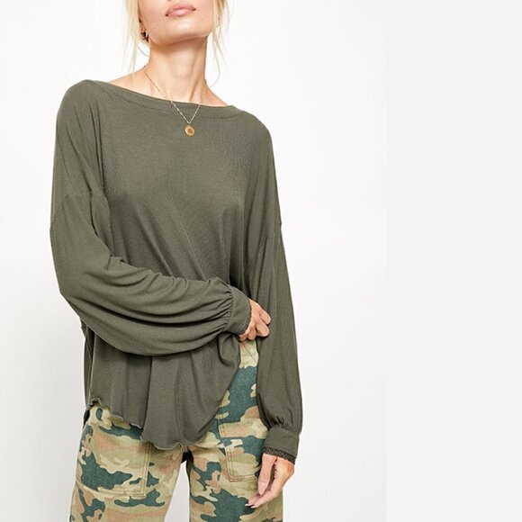 Free People Shimmy Shake Top XS Low Open Back Army Green Slouchy Dolman Boho - Picture 7 of 13